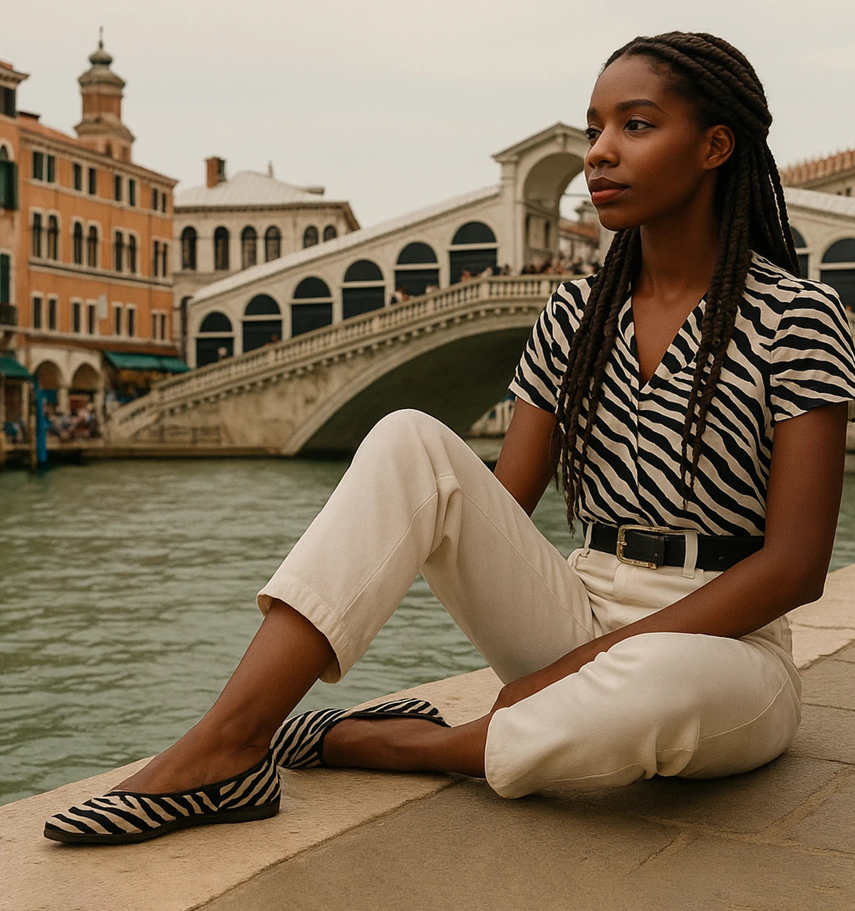 Chica sentada a la orilla del río con venecianas de zebra